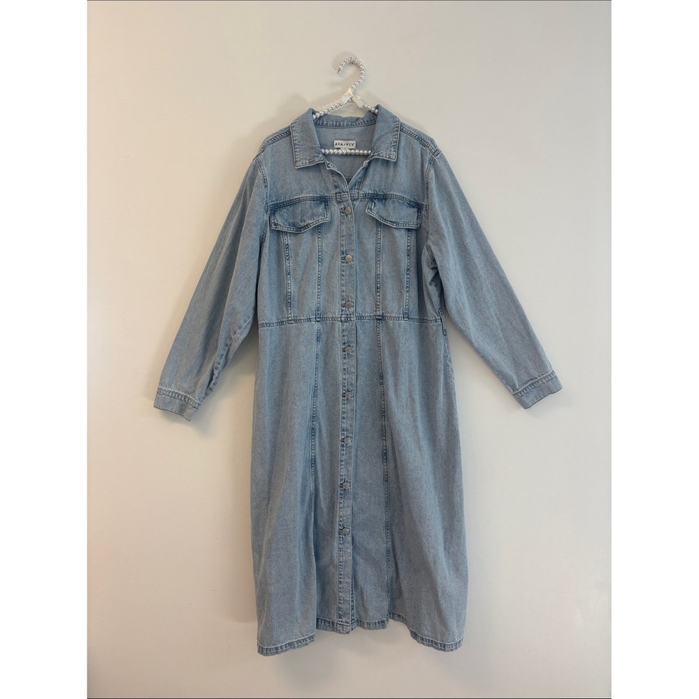 Ava&Viv Womens Light Wash Denim Button Down Midi Dress Plus Size 1X Long Sleeve
